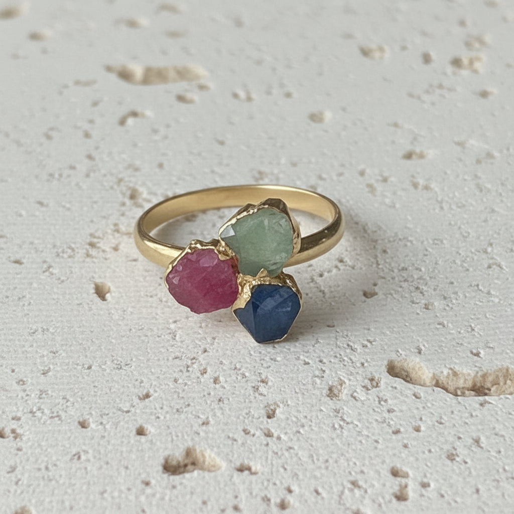 Jaipur gold || 3 stone rough cut ring