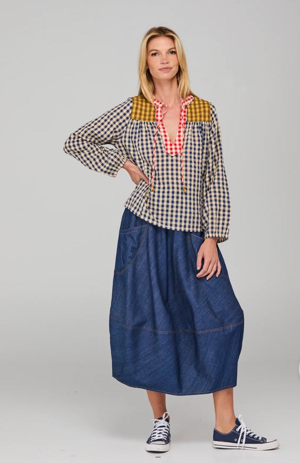 boomshankar || guru skirt || dark denim contrast stitching