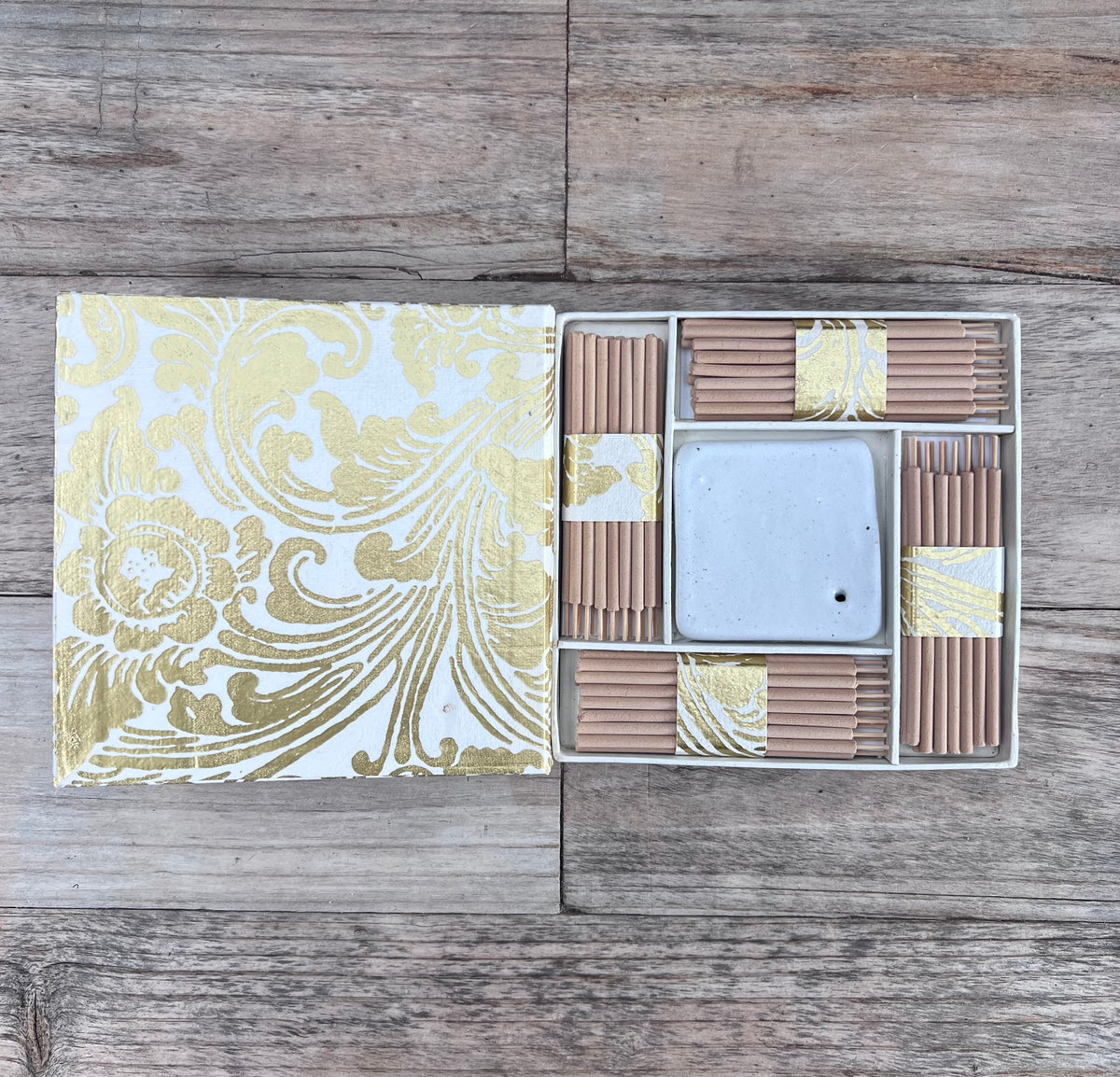 Saraswati paper incense box || prada gold embossed