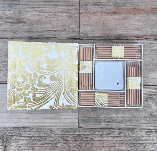 Saraswati paper incense box || prada gold embossed