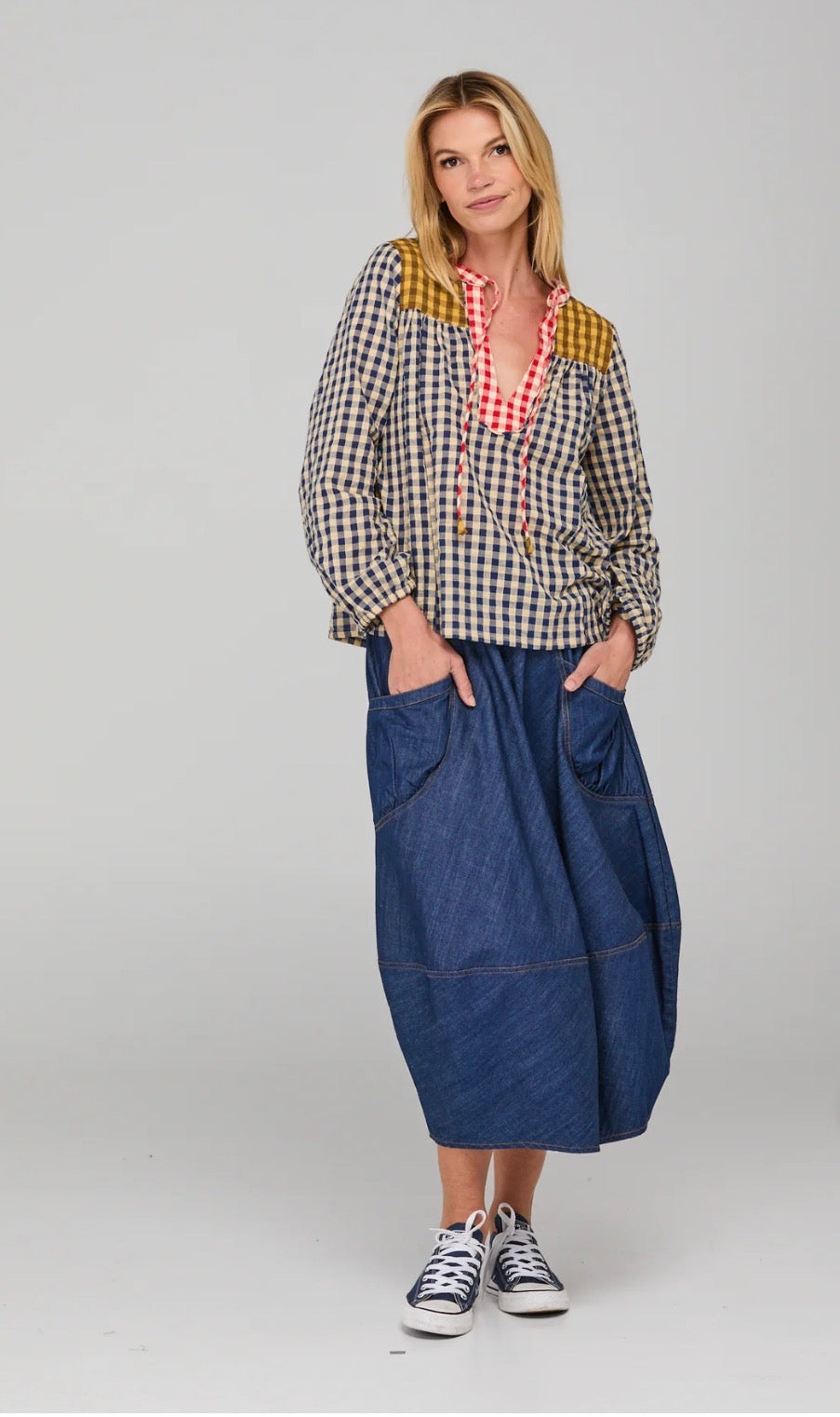 boomshankar || guru skirt || dark denim contrast stitching