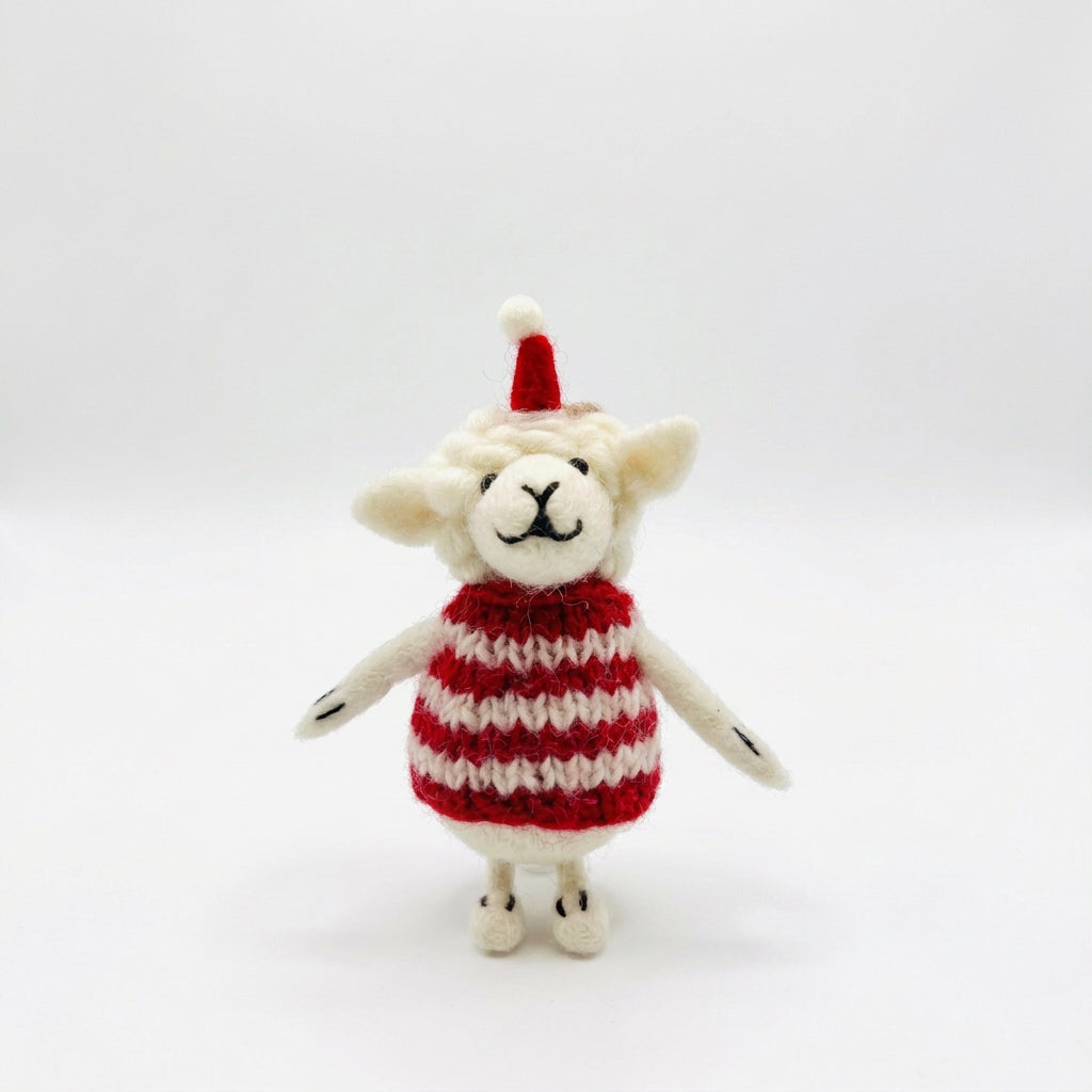 ethik felt || xmas sheep decoration with knitted red and white jacket