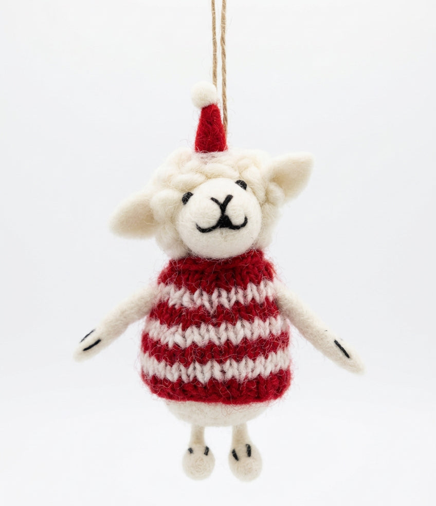 ethik felt || xmas sheep decoration with knitted red and white jacket