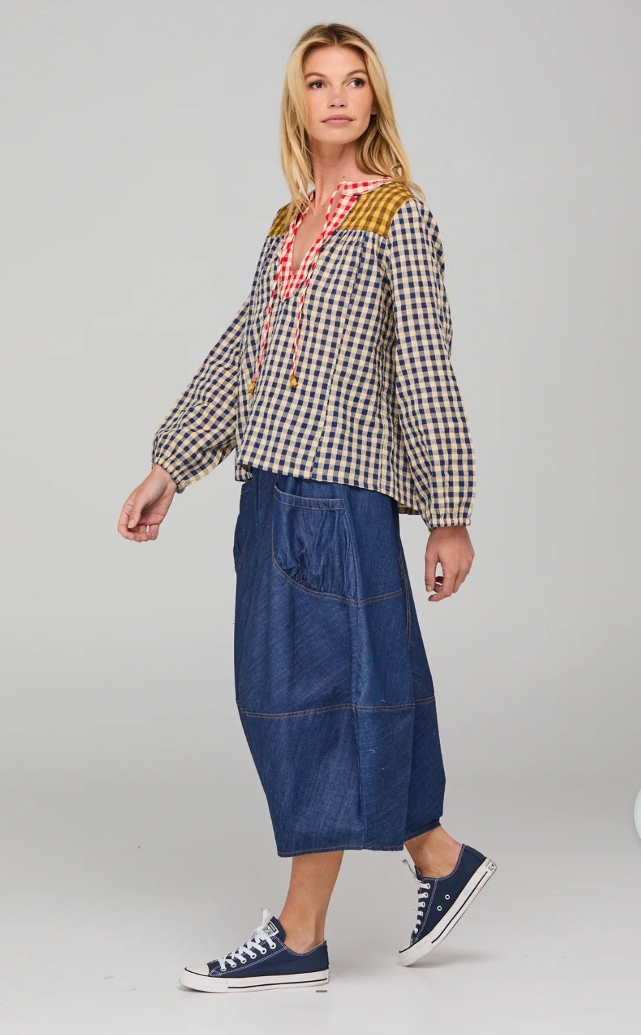 boomshankar || guru skirt || dark denim contrast stitching