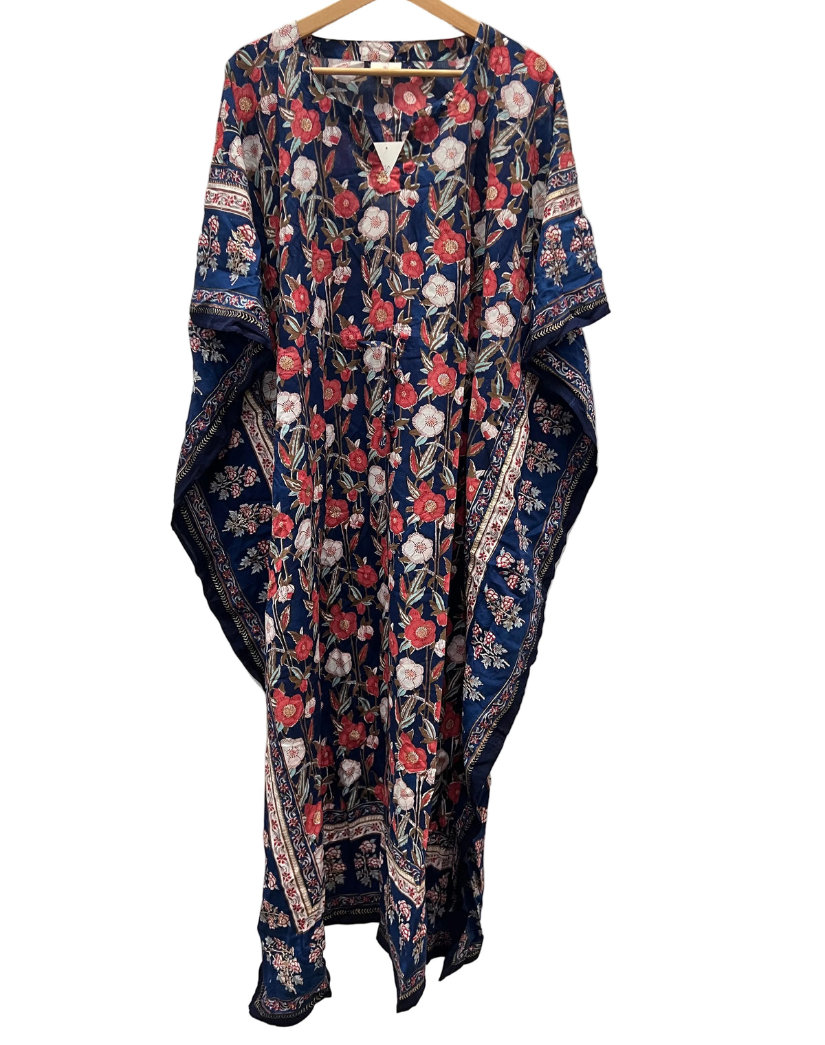 Maxi Abito Hippie Anokhi In Cotone Stampato A Blocchi, Caftano Boho Giallo, Vintage India - Foto 2